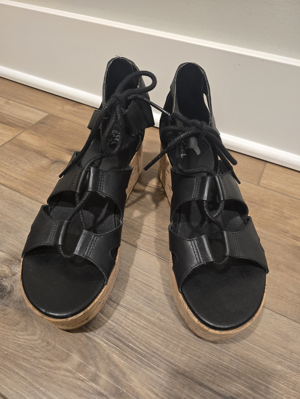Sorel Black Cork Platform Lace-Up Sandals Size 10